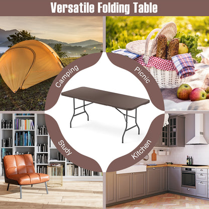 6 ft Portable Folding Table with Rattan-Like HDPE Tabletop and Safe Lock Mechanism-Brown