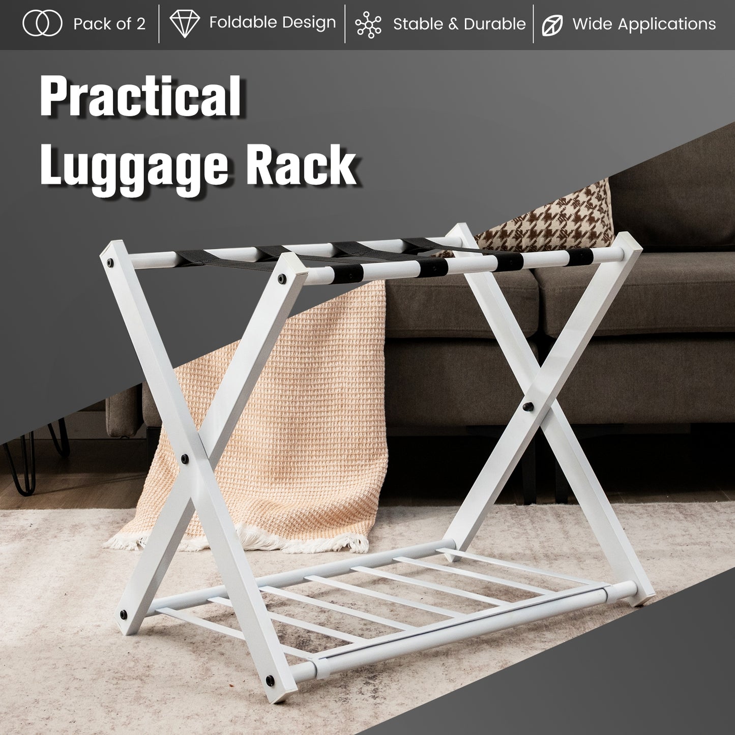 Set of 2 Folding Metal Luggage Rack Suitcase-White Kids Crystal