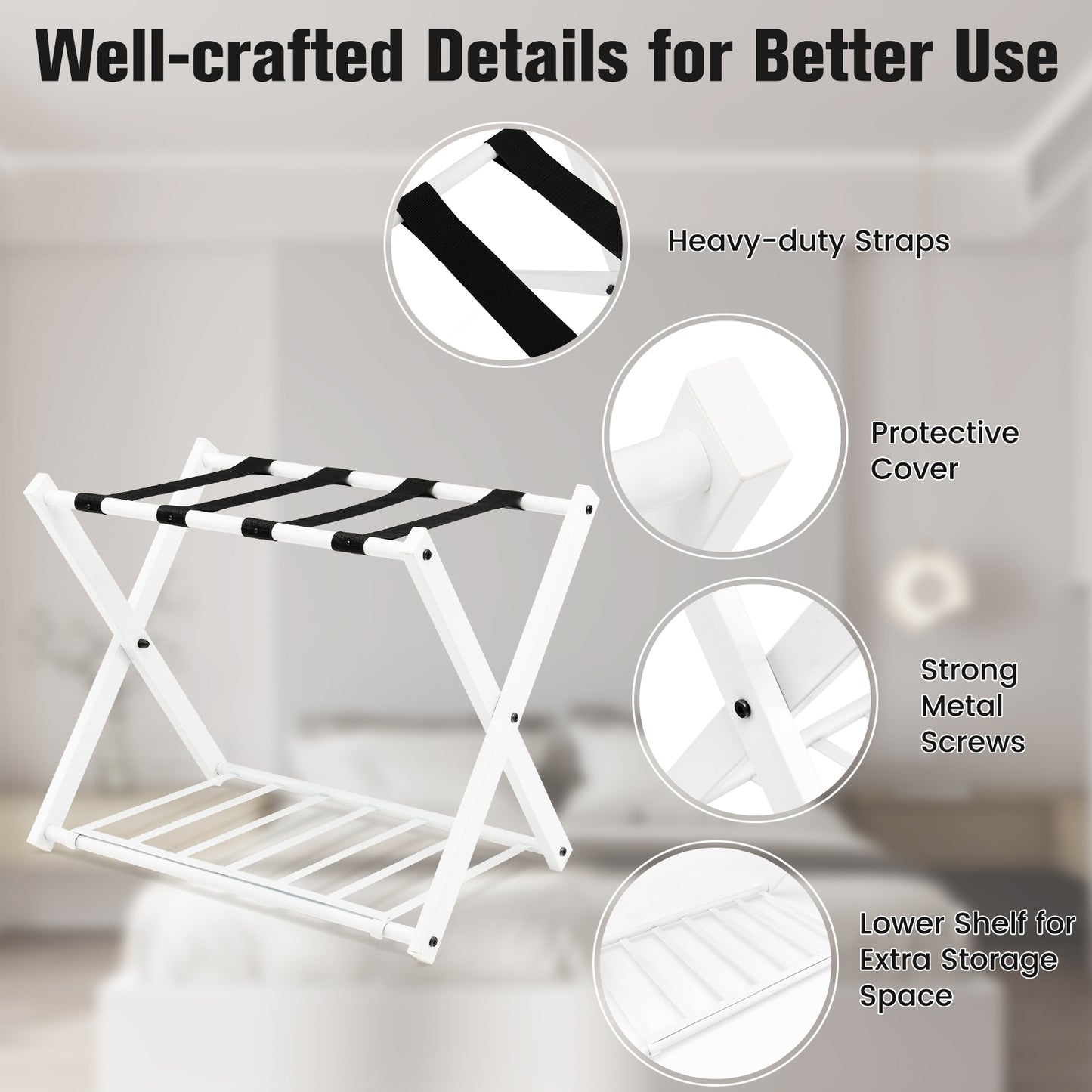 Set of 2 Folding Metal Luggage Rack Suitcase-White Kids Crystal