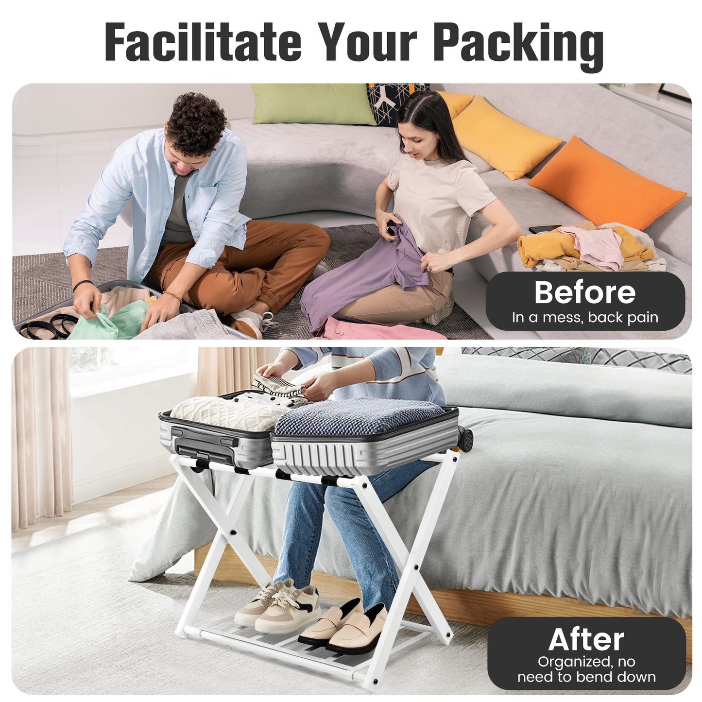 Set of 2 Folding Metal Luggage Rack Suitcase-White Kids Crystal