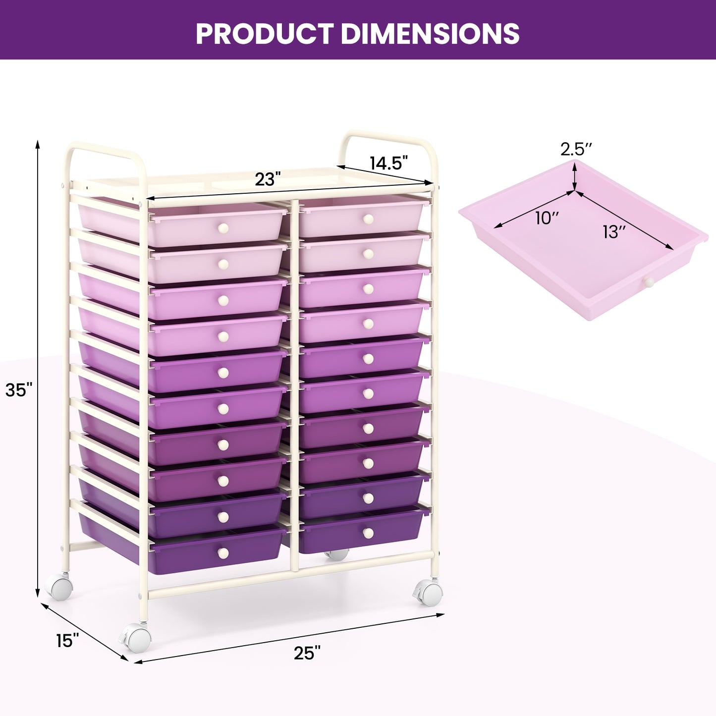 20 Drawers Rolling Storage Cart Studio Organizer-Purple Kids Crystal