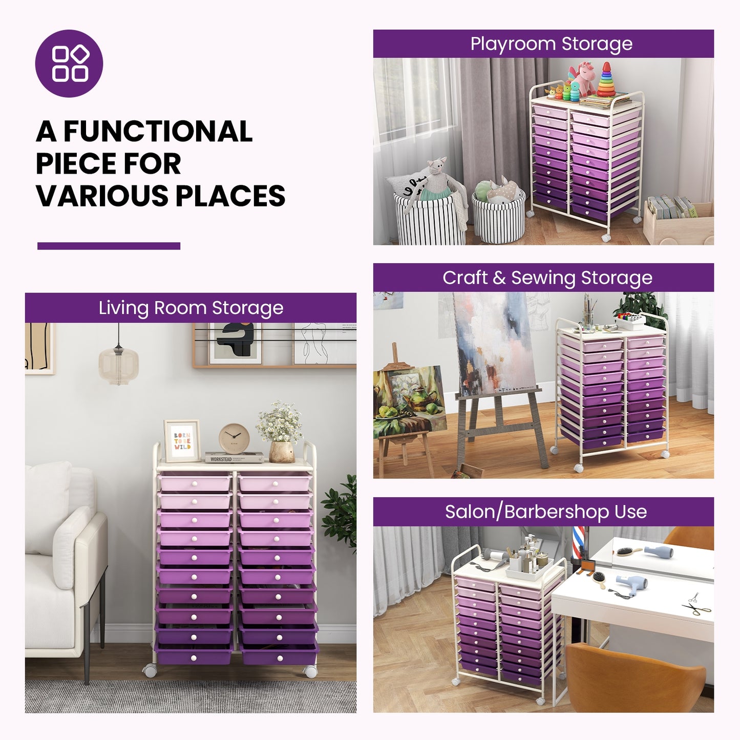 20 Drawers Rolling Storage Cart Studio Organizer-Purple Kids Crystal