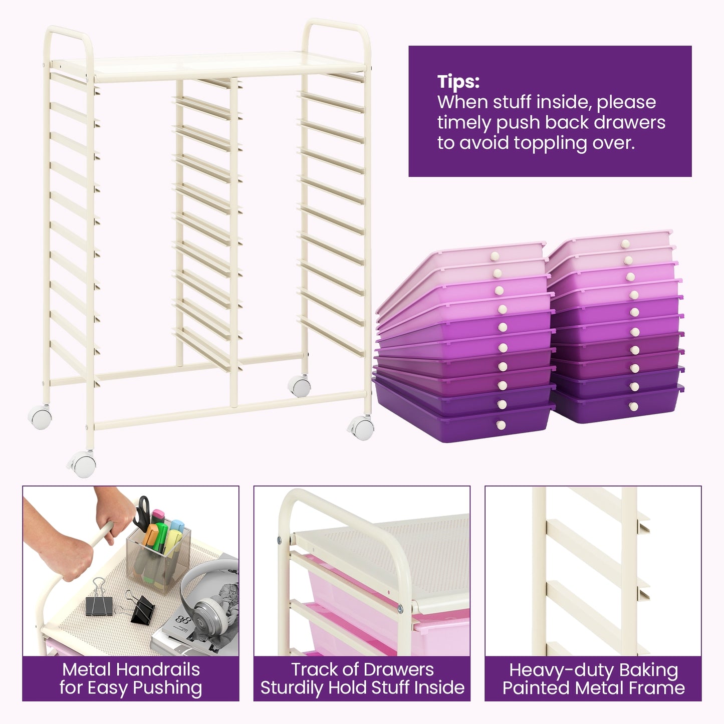 20 Drawers Rolling Storage Cart Studio Organizer-Purple Kids Crystal