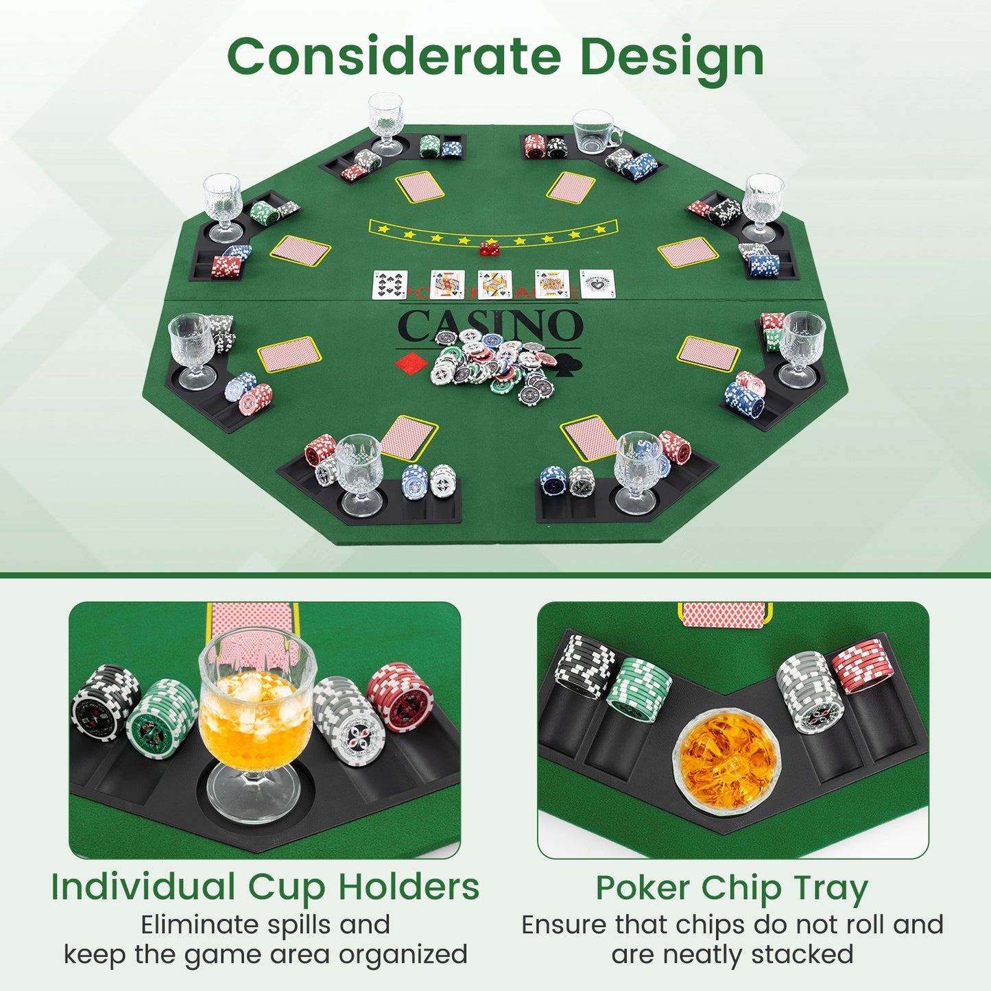 8-Player Foldable Poker Table Top with Carrying Bag-Green Kids Crystal