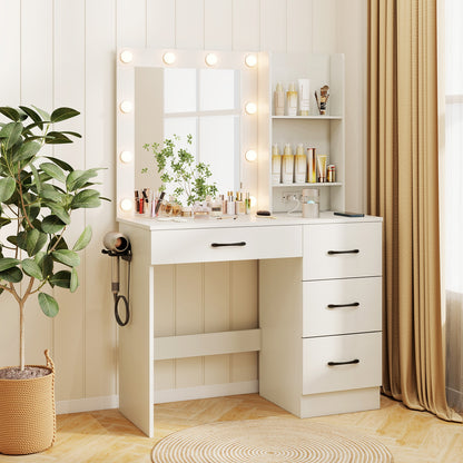 Vanity Desk with 3-Color Lights and Power Outlets-White