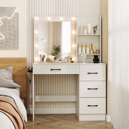 Vanity Desk with 3-Color Lights and Power Outlets-White