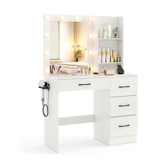 Vanity Desk with 3-Color Lights and Power Outlets-White