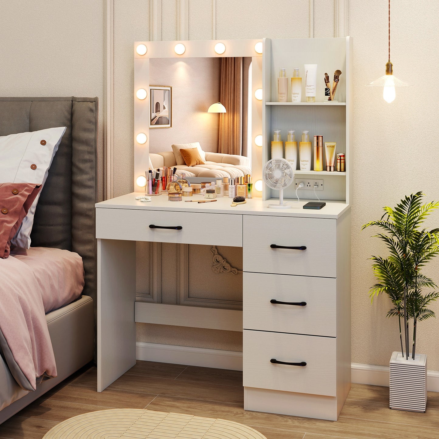 Vanity Desk with 3-Color Lights and Power Outlets-White Kids Crystal