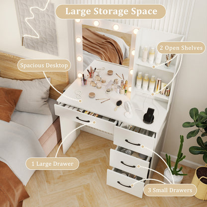 Vanity Desk with 3-Color Lights and Power Outlets-White