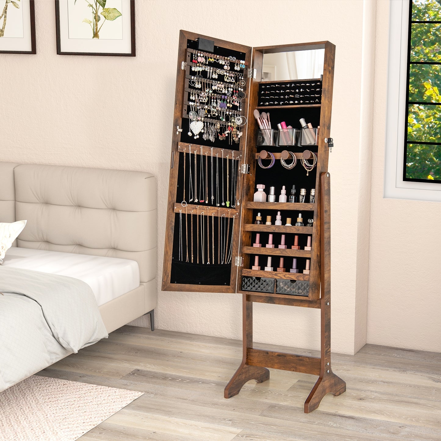 Mirror Jewelry Cabinet with 20 Warm Lights and 4 Tilt Angles-Rustic Brown Kids Crystal