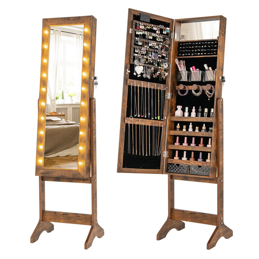 Mirror Jewelry Cabinet with 20 Warm Lights and 4 Tilt Angles-Rustic Brown Kids Crystal