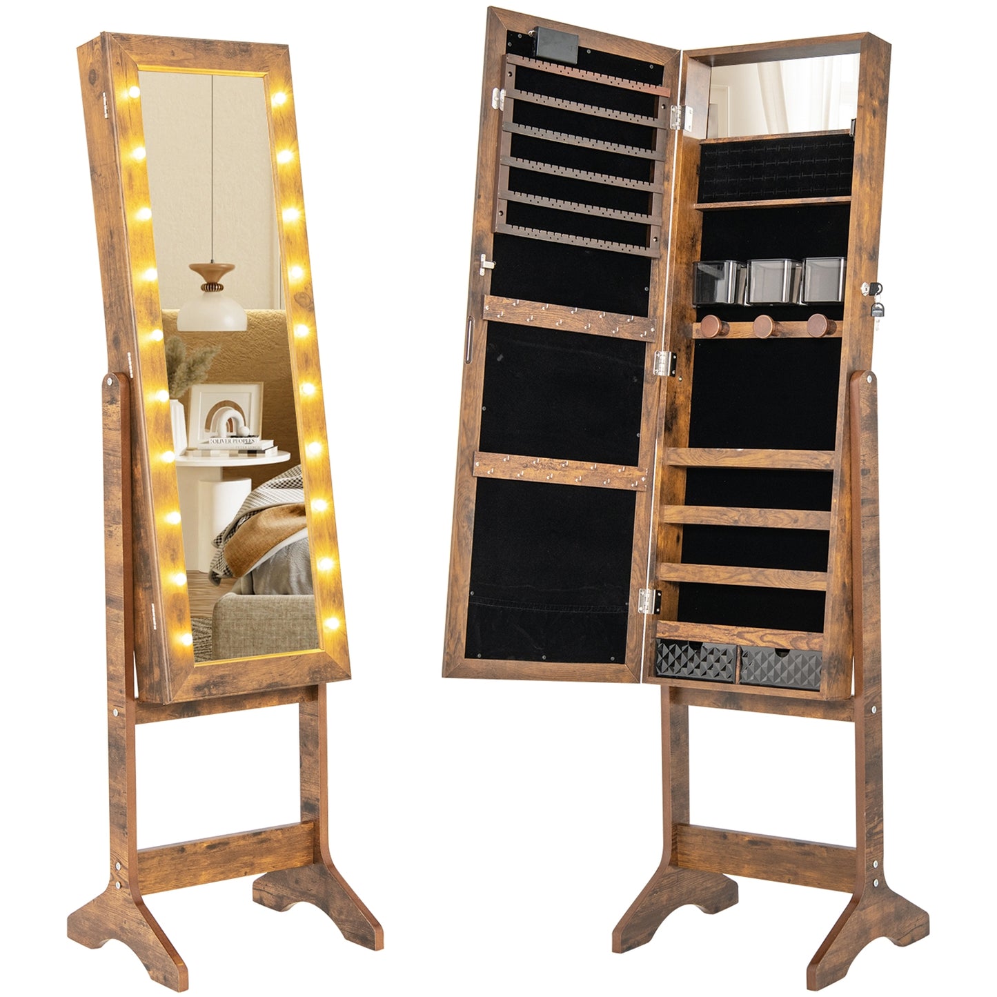 Mirror Jewelry Cabinet with 20 Warm Lights and 4 Tilt Angles-Rustic Brown Kids Crystal