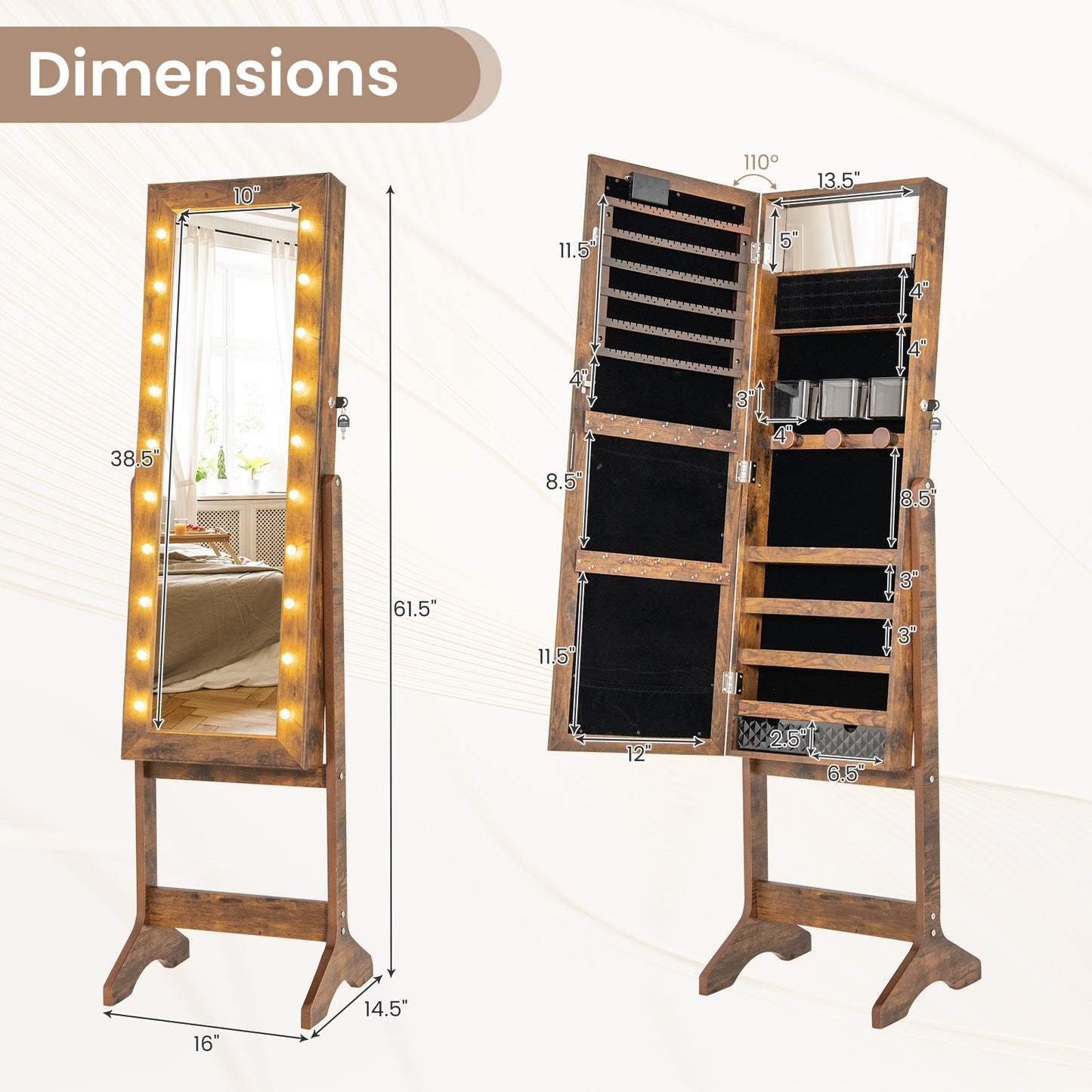 Mirror Jewelry Cabinet with 20 Warm Lights and 4 Tilt Angles-Rustic Brown Kids Crystal