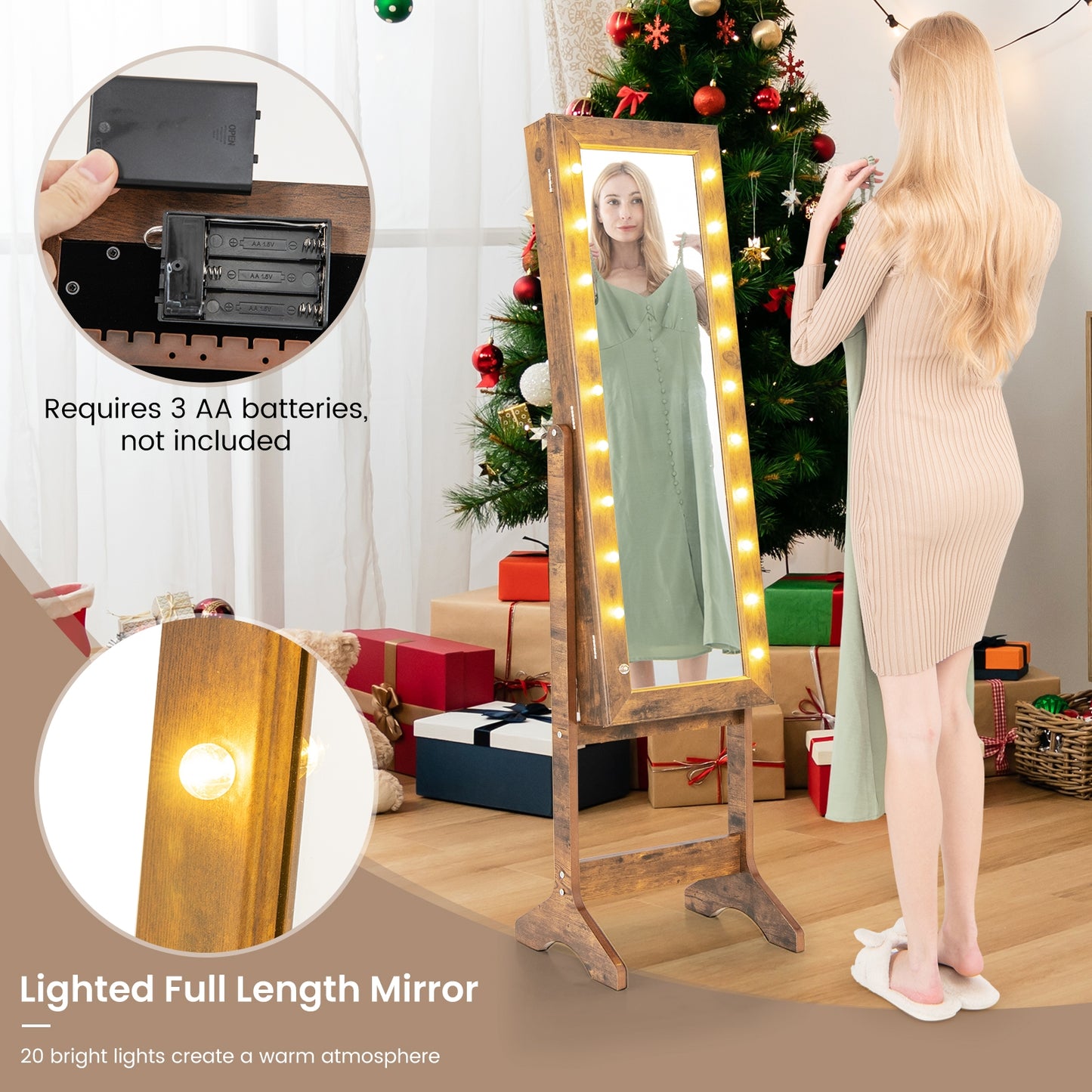 Mirror Jewelry Cabinet with 20 Warm Lights and 4 Tilt Angles-Rustic Brown Kids Crystal