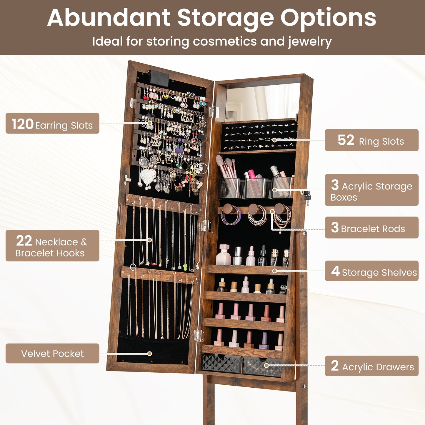 Mirror Jewelry Cabinet with 20 Warm Lights and 4 Tilt Angles-Rustic Brown Kids Crystal
