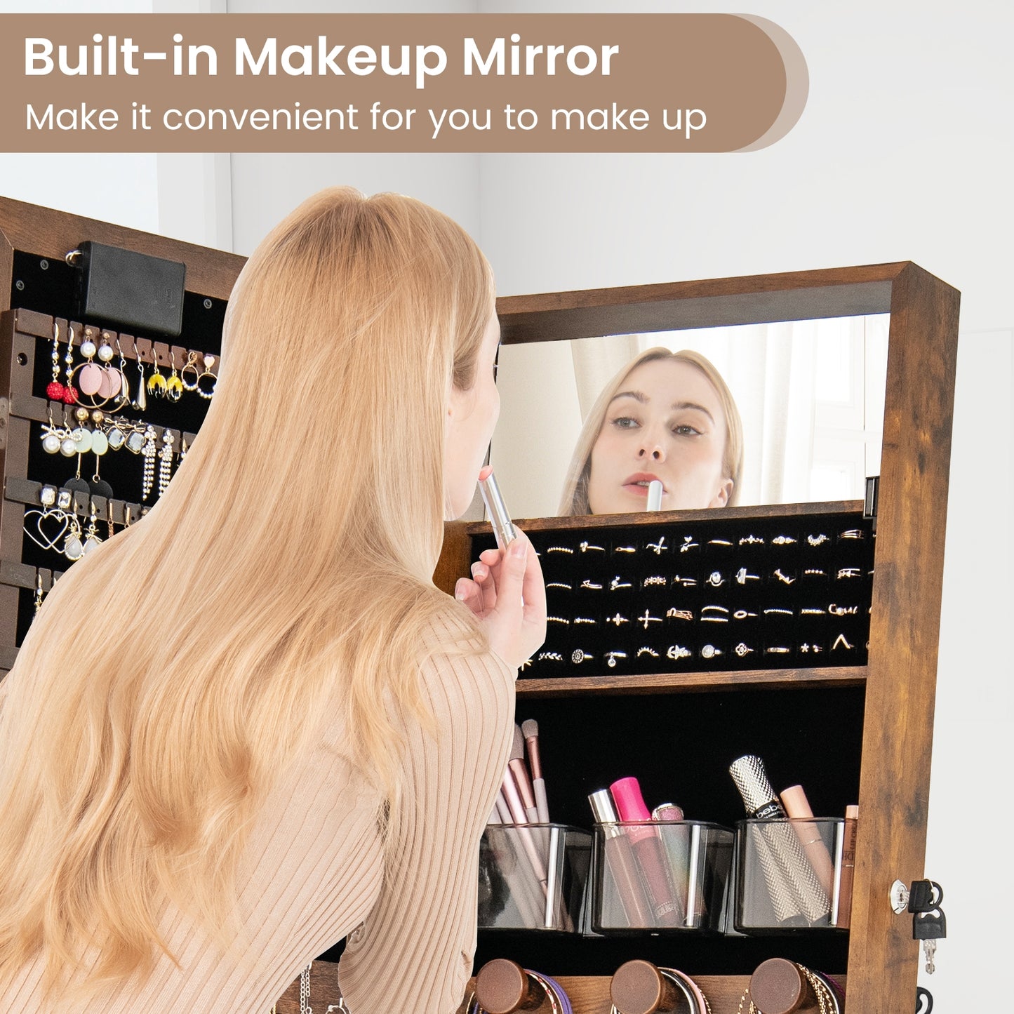 Mirror Jewelry Cabinet with 20 Warm Lights and 4 Tilt Angles-Rustic Brown Kids Crystal
