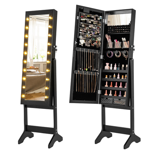 Mirror Jewelry Cabinet with 20 Warm Lights and 4 Tilt Angles-Black Kids Crystal