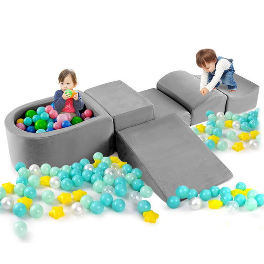 5-Piece Climb and Crawl Playset with Ball Pit for Kids-Gray Kids Crystal
