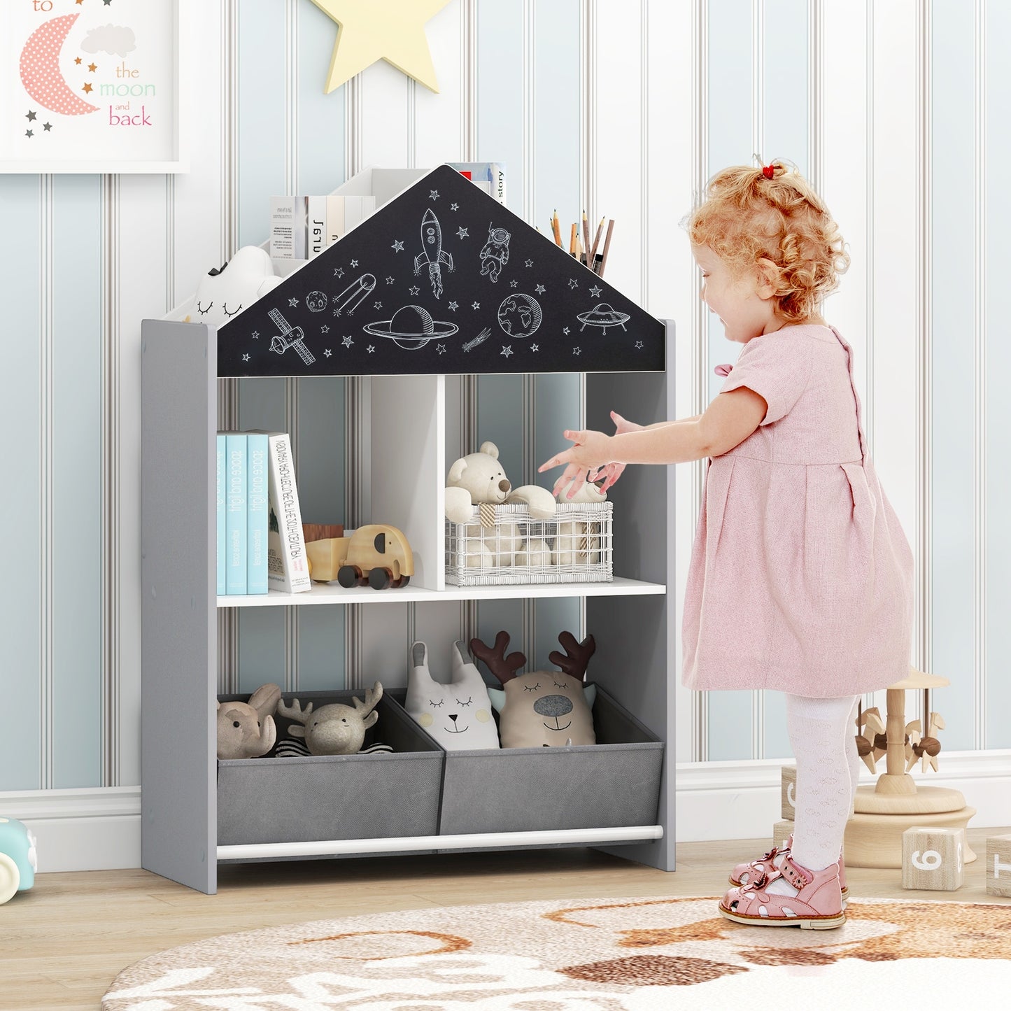 Playhouse Kids Bookshelf with Chalkboard and Whiteboard for 3-6 Years-Gray Kids Crystal