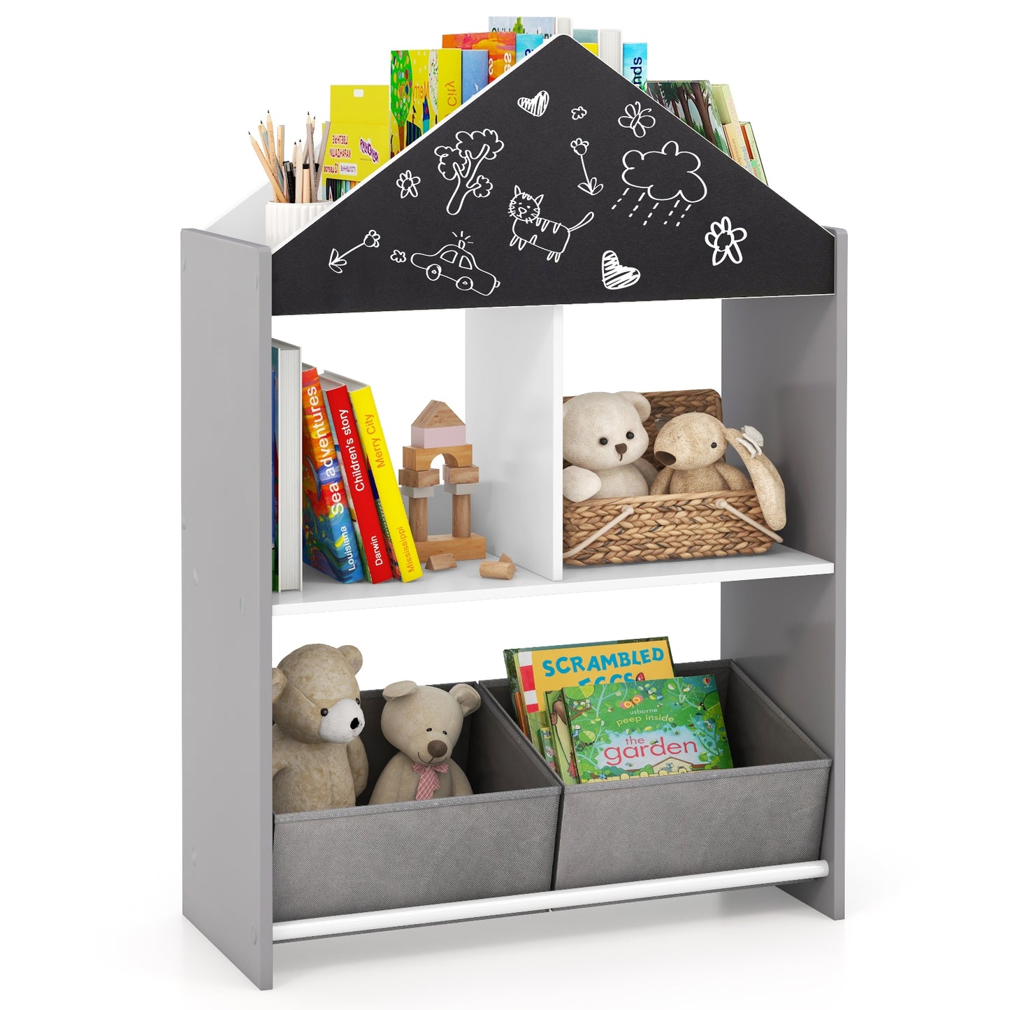 Playhouse Kids Bookshelf with Chalkboard and Whiteboard for 3-6 Years-Gray Kids Crystal