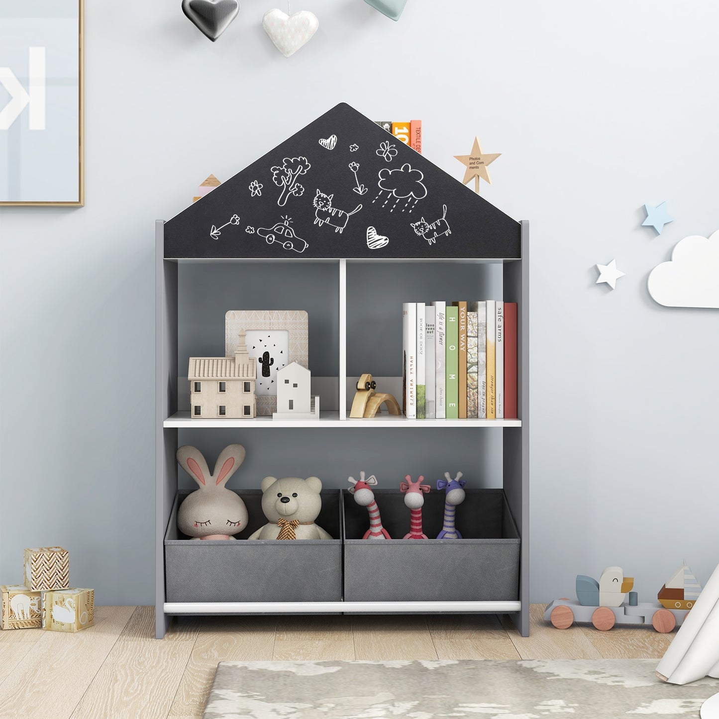 Playhouse Kids Bookshelf with Chalkboard and Whiteboard for 3-6 Years-Gray Kids Crystal