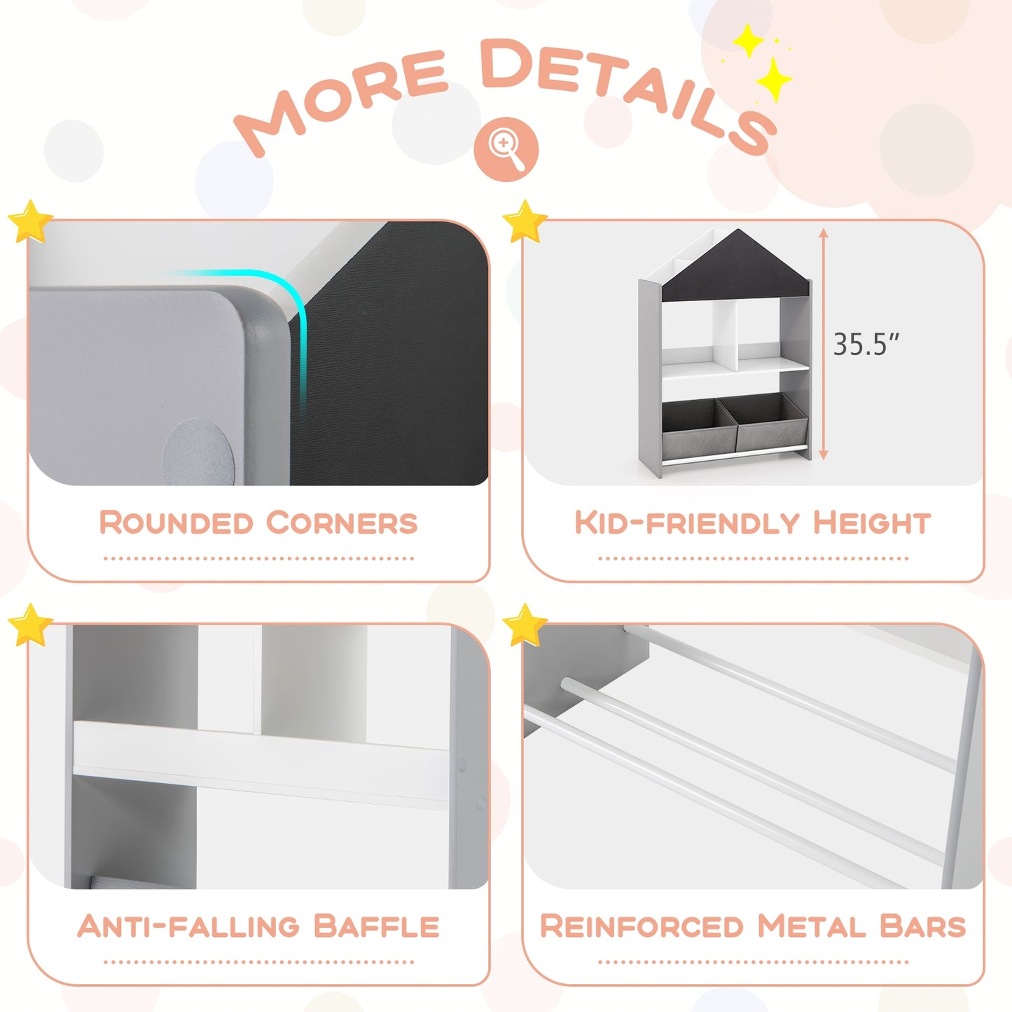 Playhouse Kids Bookshelf with Chalkboard and Whiteboard for 3-6 Years-Gray Kids Crystal