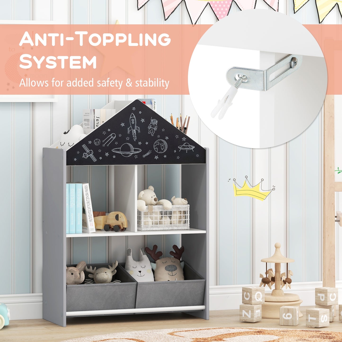 Playhouse Kids Bookshelf with Chalkboard and Whiteboard for 3-6 Years-Gray Kids Crystal