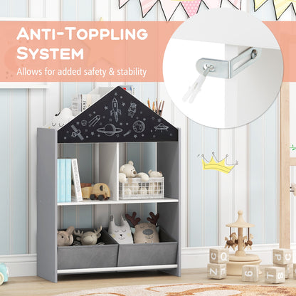 Playhouse Kids Bookshelf with Chalkboard and Whiteboard for 3-6 Years-Gray