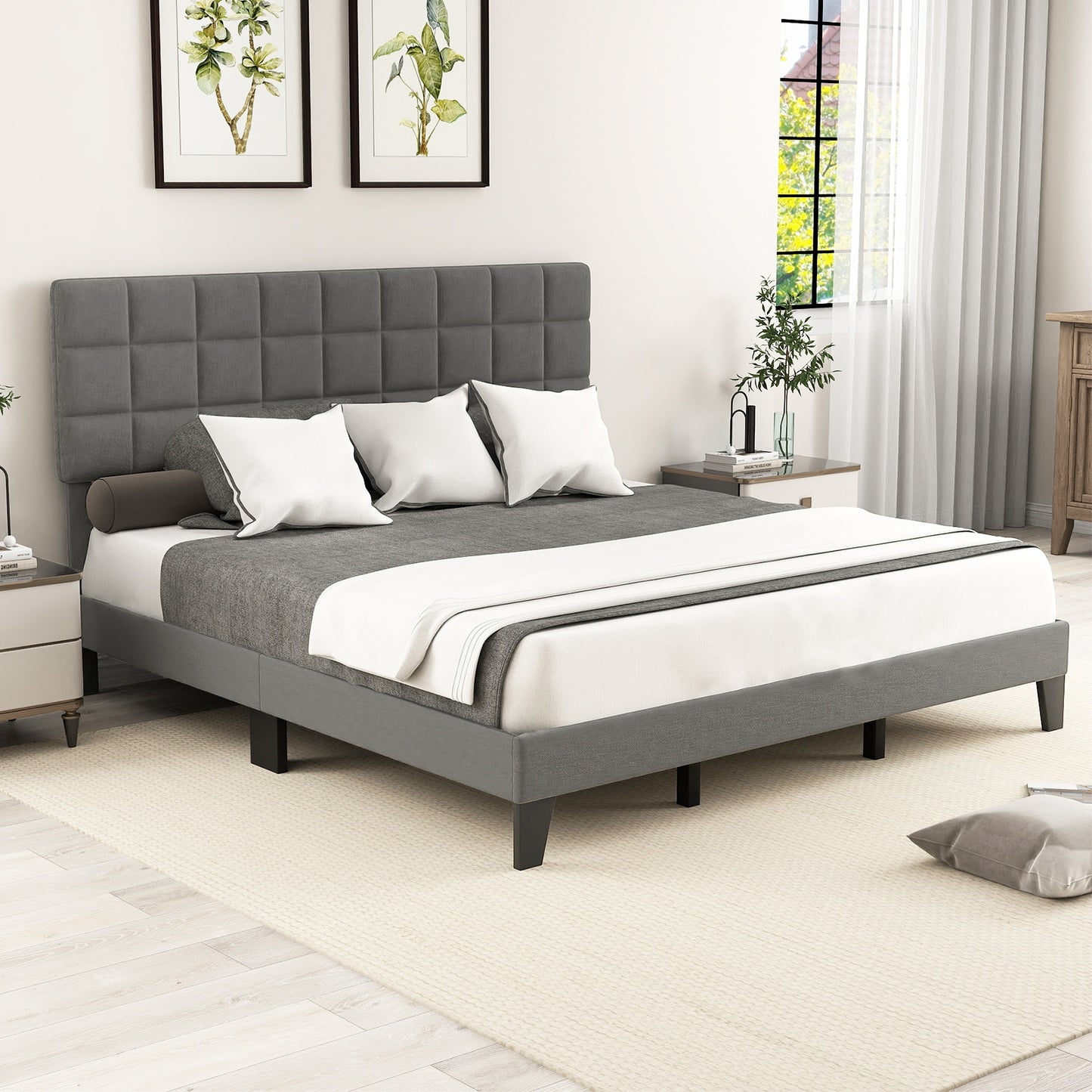 King Size Modern Linen Bed Frame with Adjustable Headboard-Gray Kids Crystal
