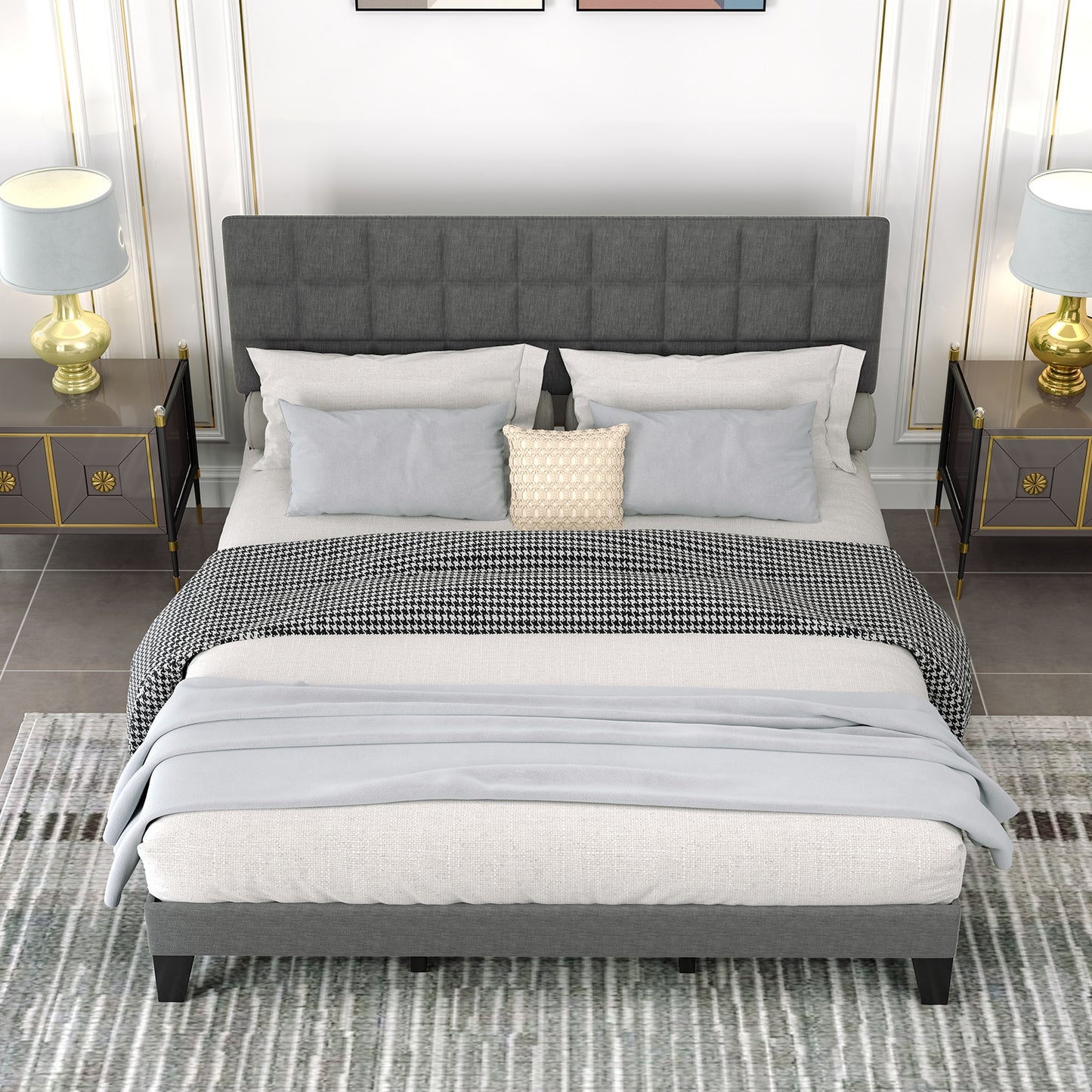 King Size Modern Linen Bed Frame with Adjustable Headboard-Gray Kids Crystal