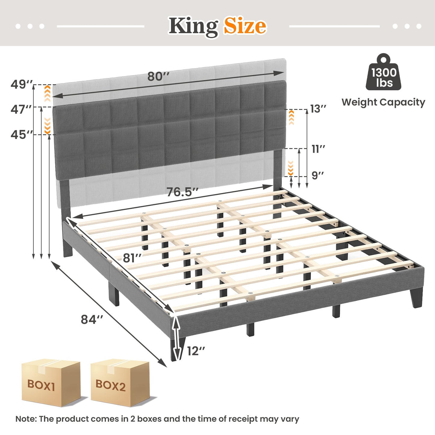 King Size Modern Linen Bed Frame with Adjustable Headboard-Gray Kids Crystal