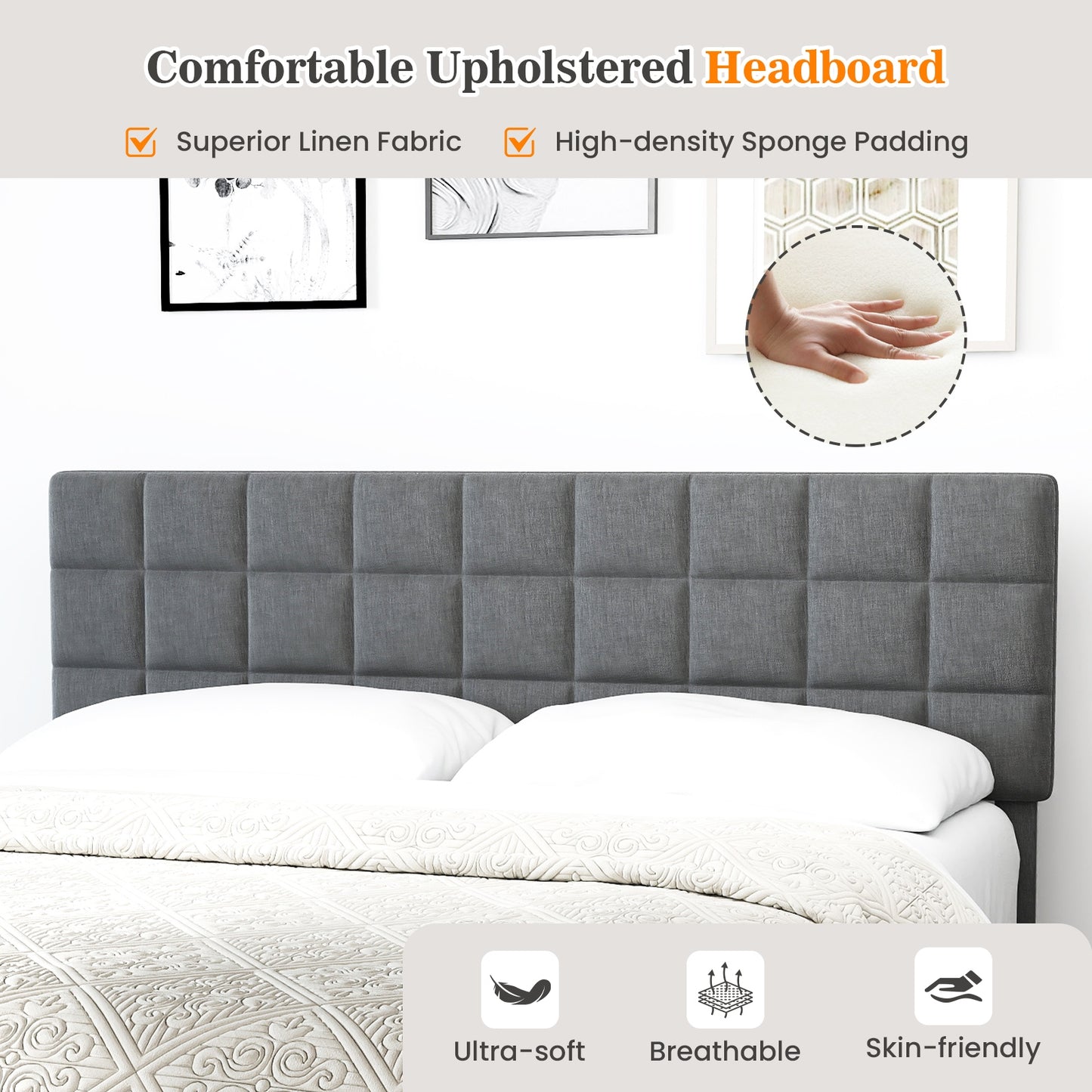 King Size Modern Linen Bed Frame with Adjustable Headboard-Gray Kids Crystal