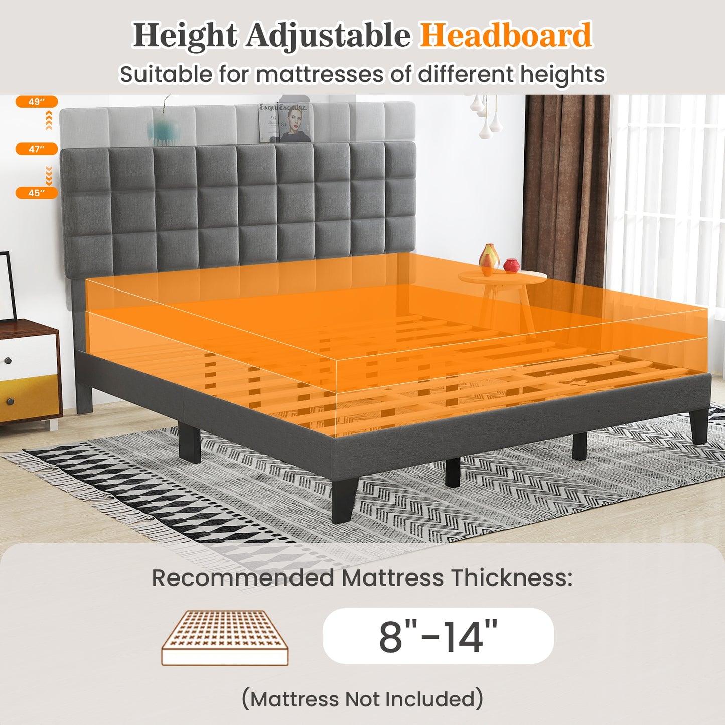 King Size Modern Linen Bed Frame with Adjustable Headboard-Gray Kids Crystal