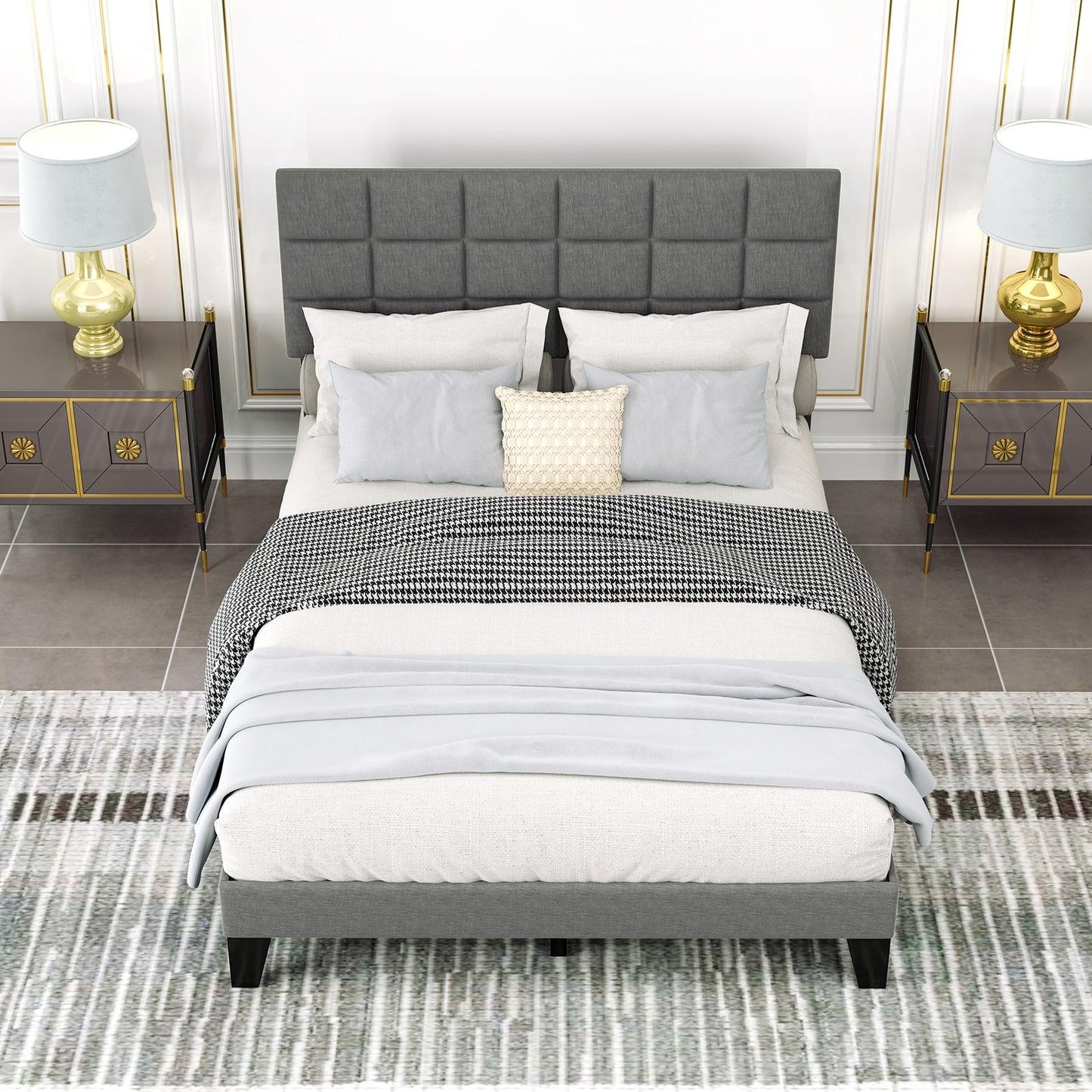 Queen Size Modern Linen Bed Frame with Adjustable Headboard-Gray Kids Crystal