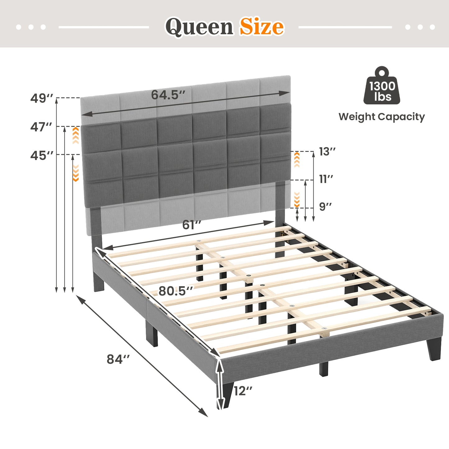 Queen Size Modern Linen Bed Frame with Adjustable Headboard-Gray Kids Crystal