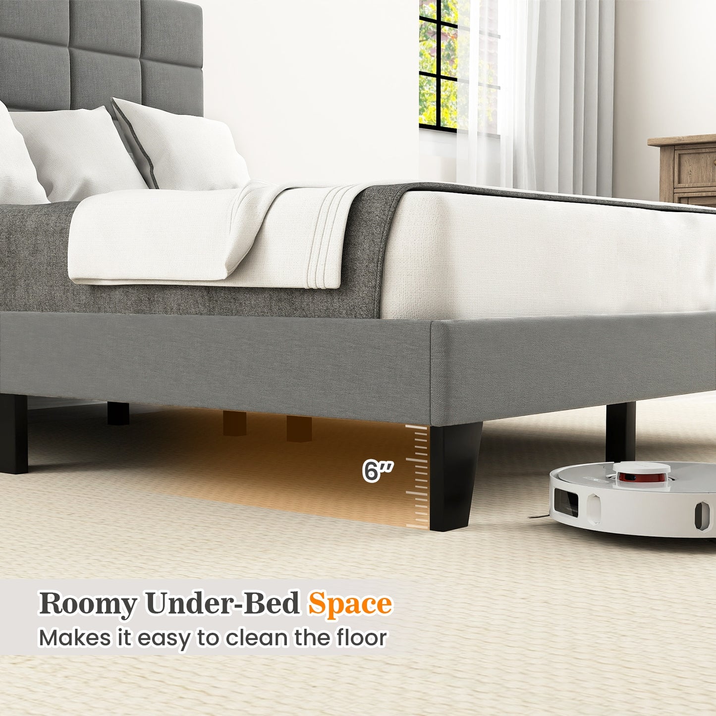 Queen Size Modern Linen Bed Frame with Adjustable Headboard-Gray Kids Crystal