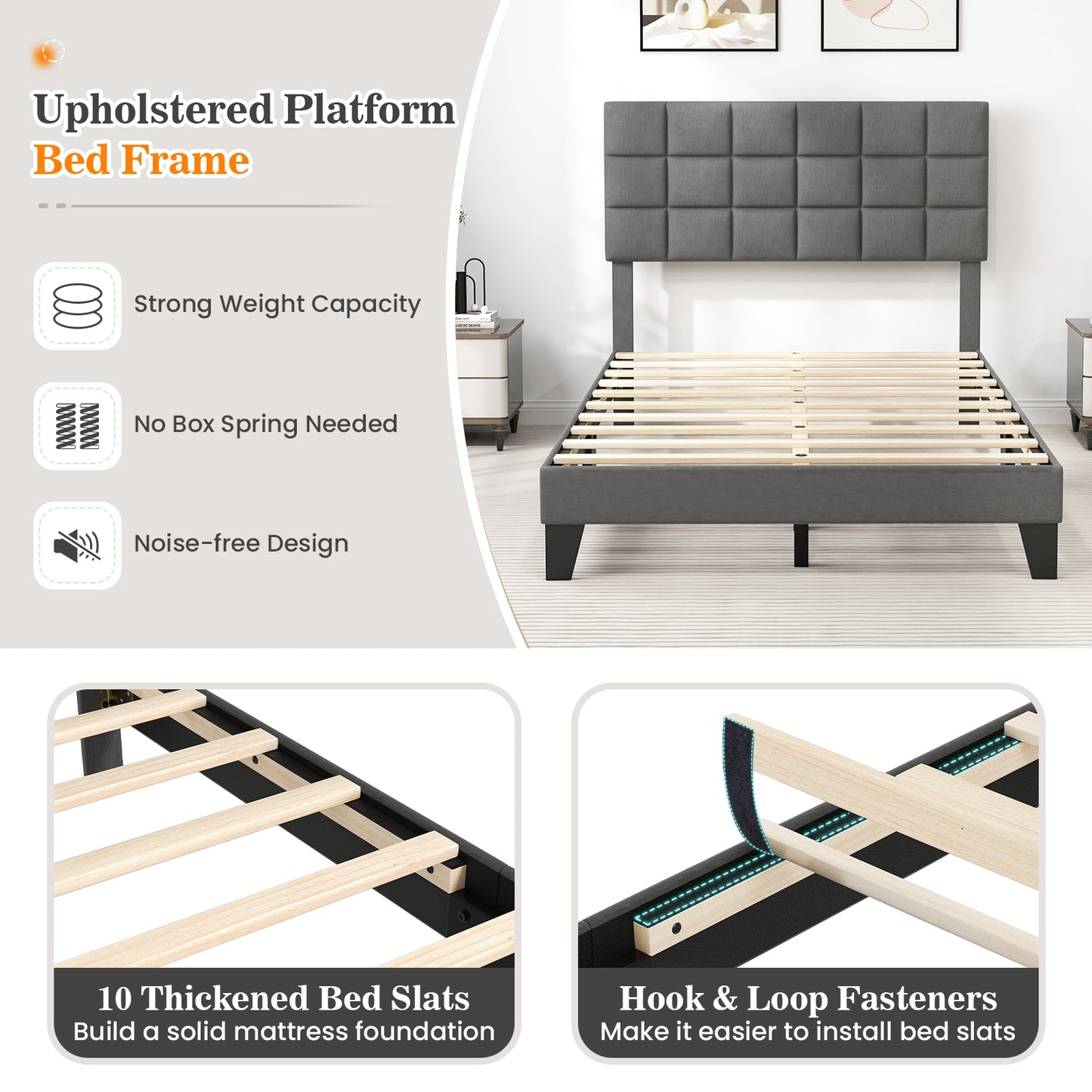 Full Size Modern Linen Bed Frame with Adjustable Headboard-Gray Kids Crystal