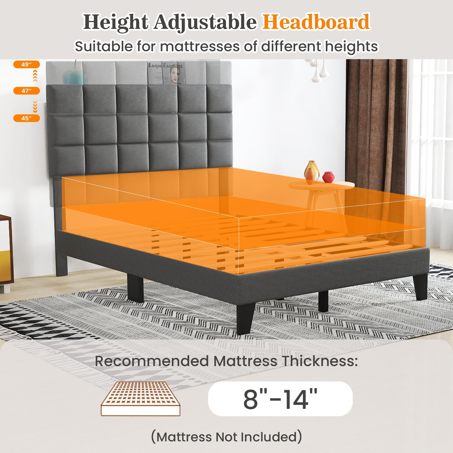 Full Size Modern Linen Bed Frame with Adjustable Headboard-Gray Kids Crystal