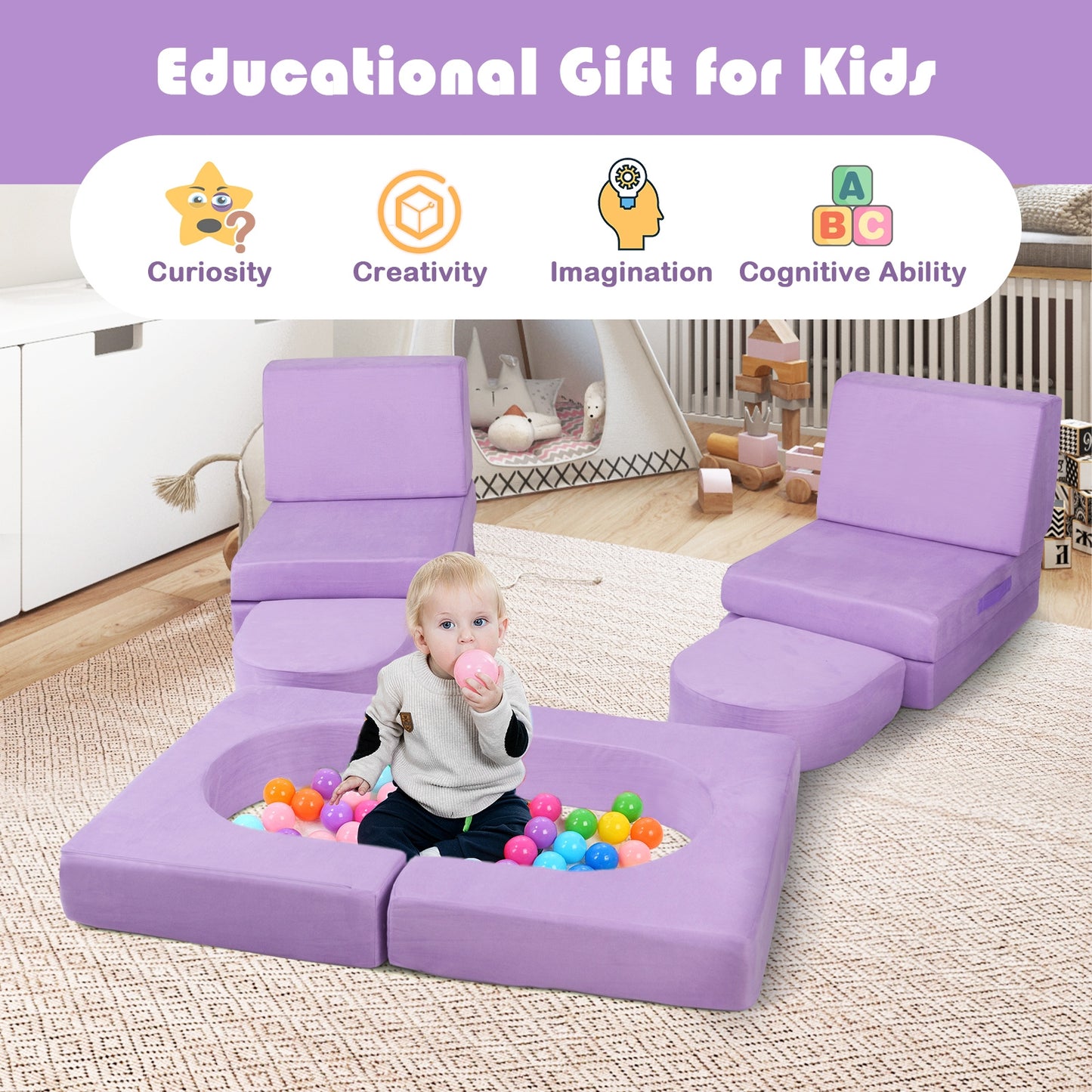 8-Piece Modular Kids Play Couch with Comfy Suede Fabric-Purple