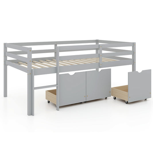Twin Size Low Loft Bed with 3 Drawers with Ladder and Full-length Guardrails-Gray Kids Crystal