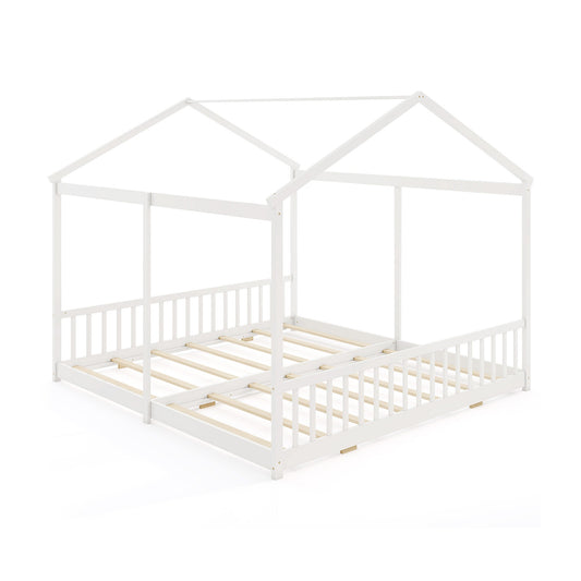 Double Floor Bed for Twins House Beds with Safety Guardrails for 2 Kids-White Kids Crystal
