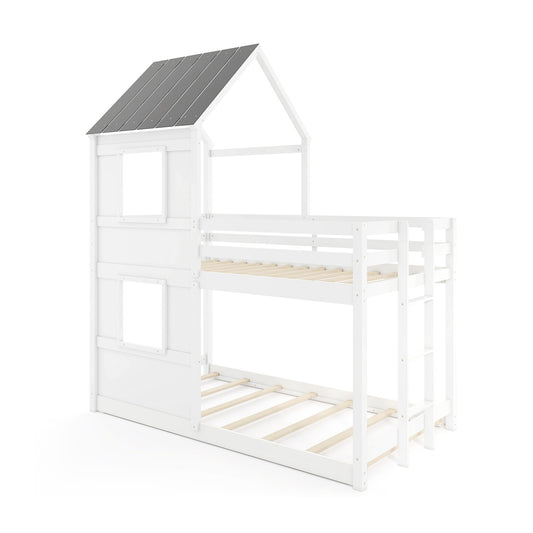 Wooden Twin Over Twin Bunk Bed with Full-length Safety Guardrail and Ladder-White and Gray Kids Crystal