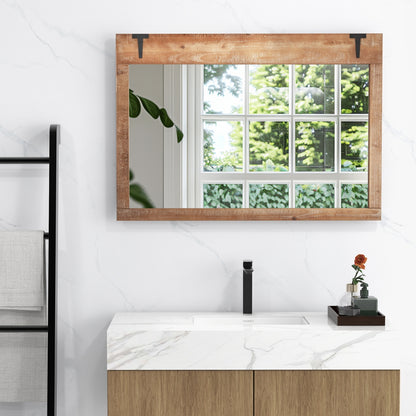 39 x 27.5 Inch Farmhouse Rustic Barn Door Wall Mirror with Wood Frame-Natural