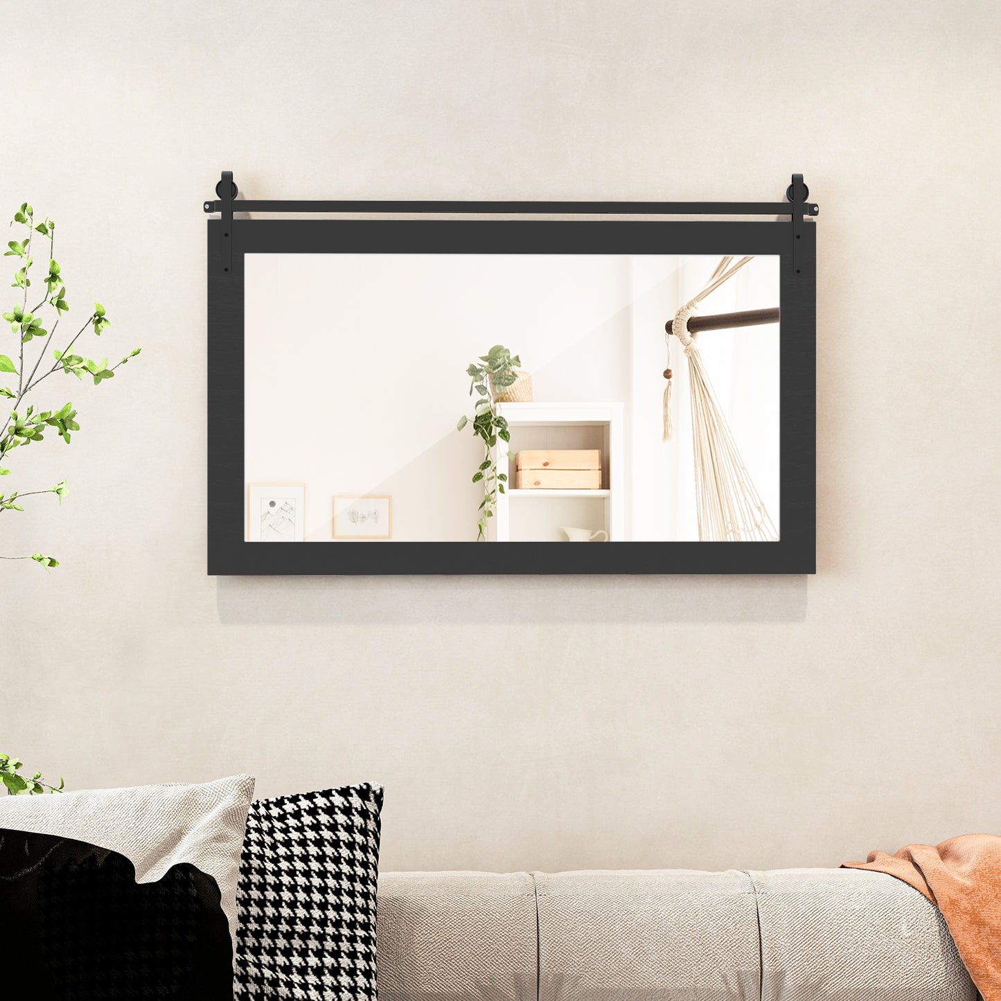 Rectangle Barn Door Style Wall Mounted Mirror with Solid Wood Frame-Black Kids Crystal