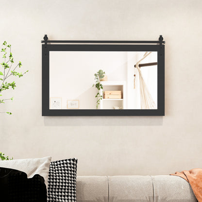 Rectangle Barn Door Style Wall Mounted Mirror with Solid Wood Frame-Black
