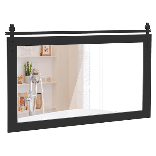 Rectangle Barn Door Style Wall Mounted Mirror with Solid Wood Frame-Black Kids Crystal