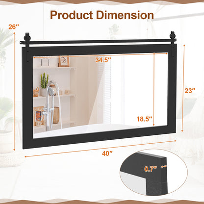 Rectangle Barn Door Style Wall Mounted Mirror with Solid Wood Frame-Black