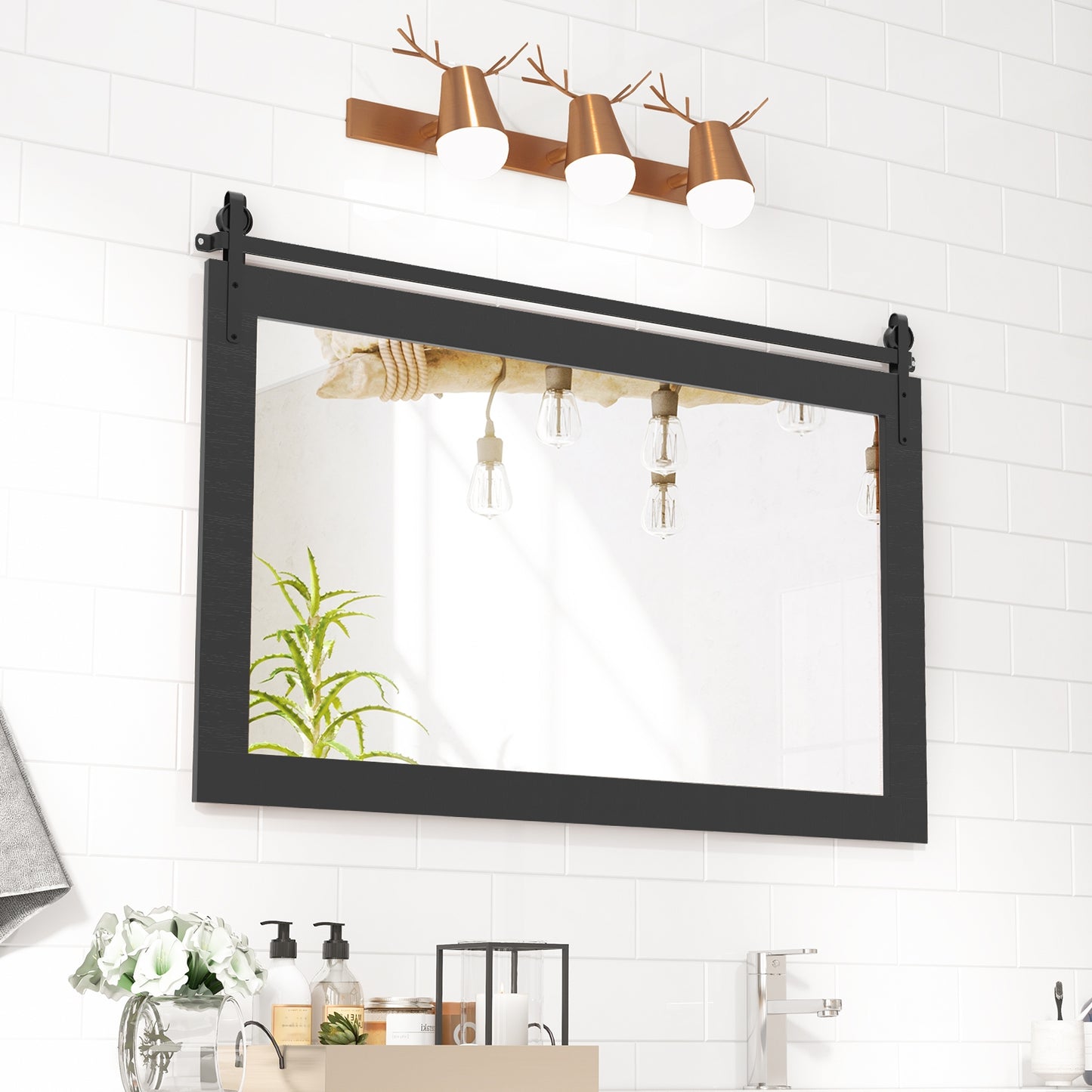 Rectangle Barn Door Style Wall Mounted Mirror with Solid Wood Frame-Black Kids Crystal