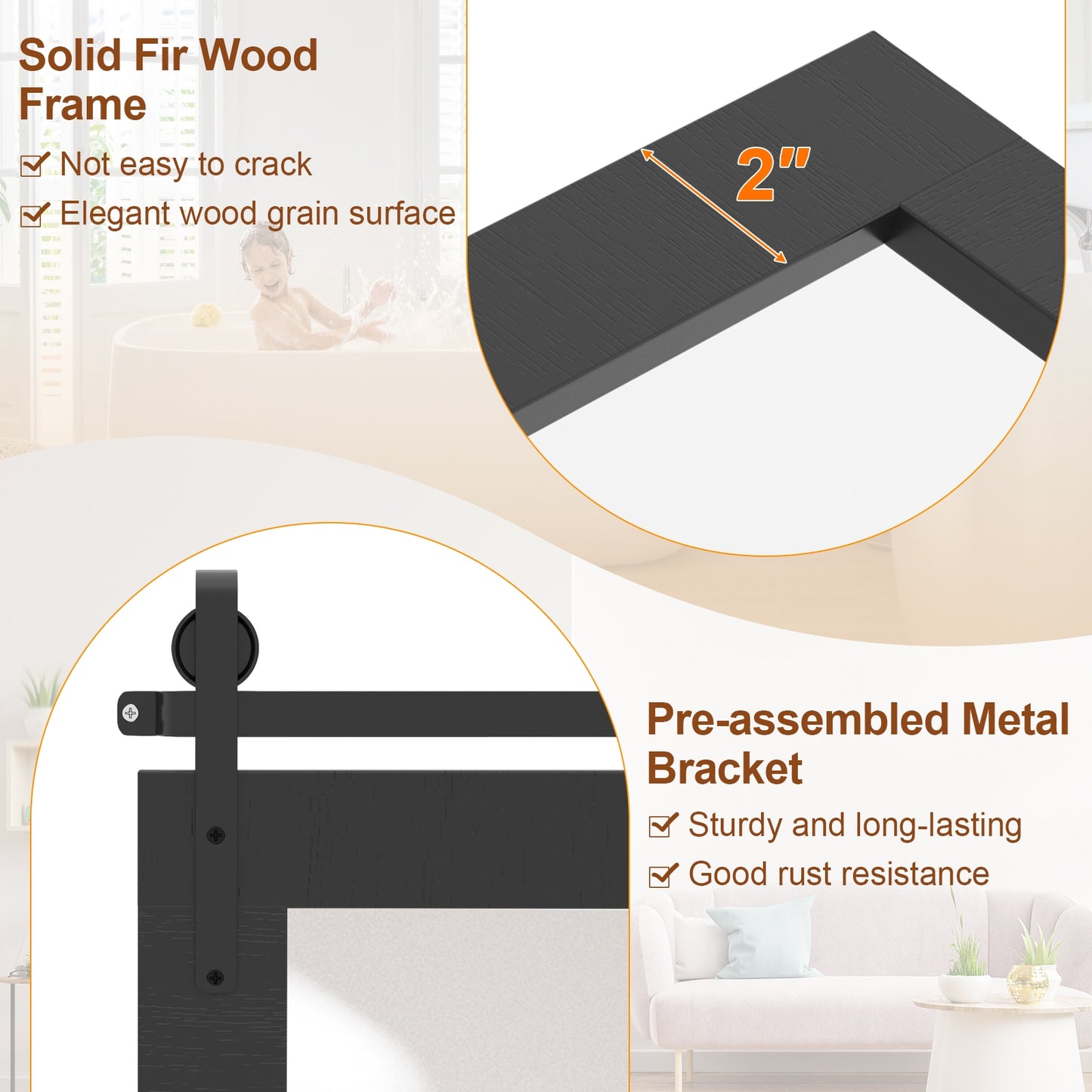 Rectangle Barn Door Style Wall Mounted Mirror with Solid Wood Frame-Black Kids Crystal