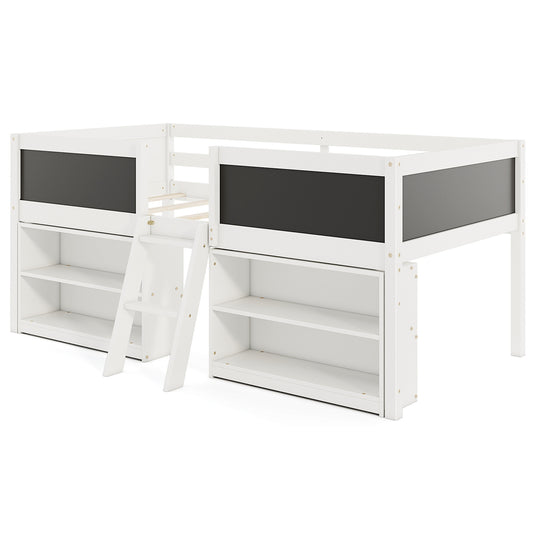 Kid Twin Size Low Loft Bed with Chalkboard Ramp Ladder and Bookcases-White Kids Crystal